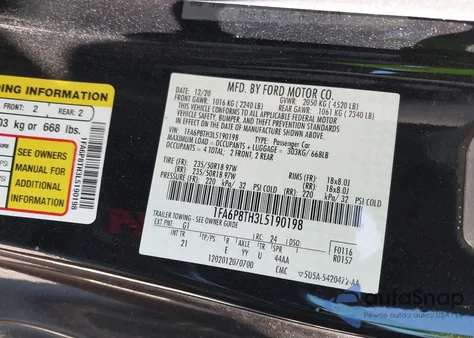 2020 Ford Mustang Ecoboost Fastback из США, поврежденный, VIN 1FA6P8TH3L5190198